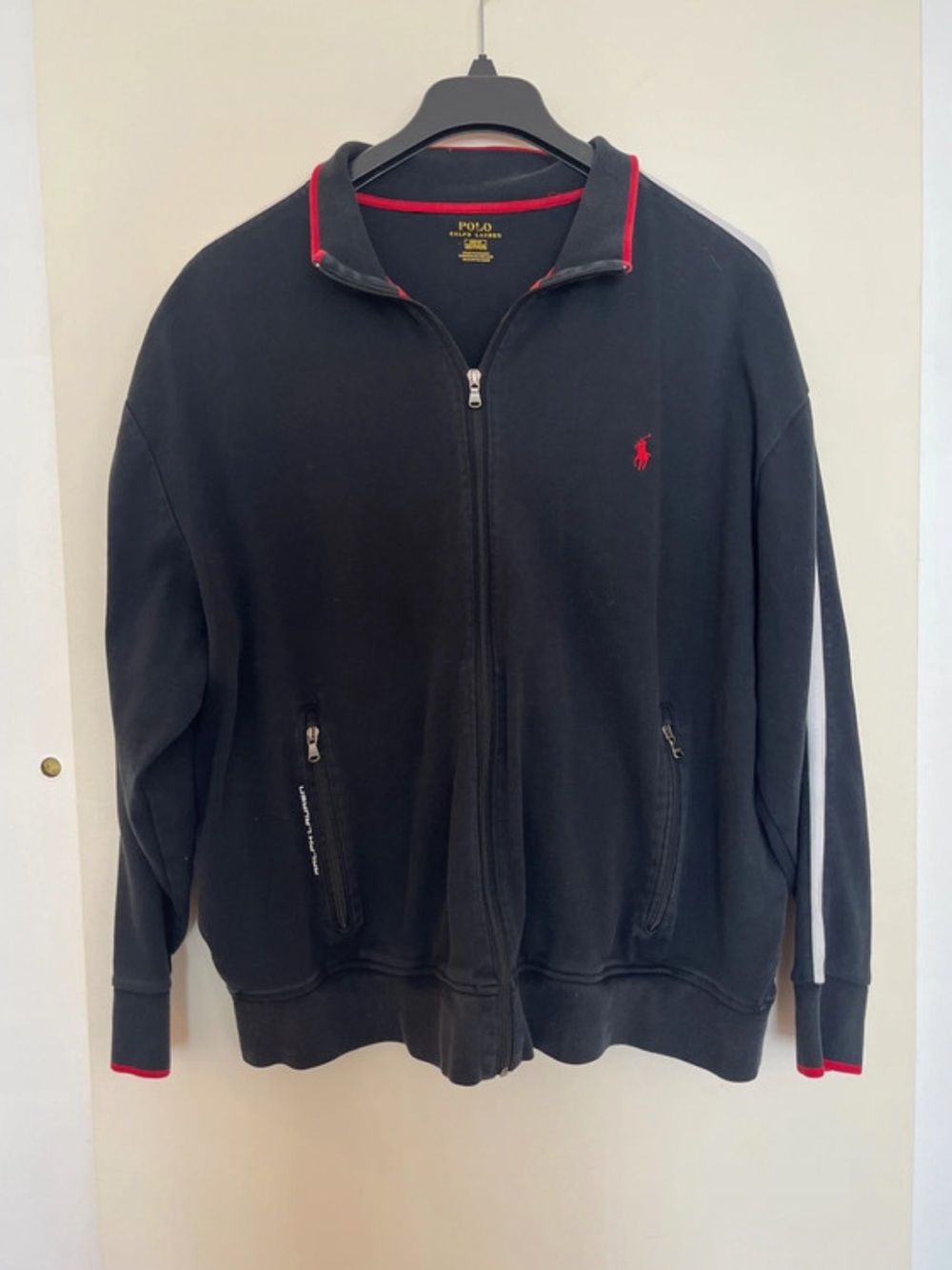 Polo Ralph Lauren Black Zip-Up Track Jacket with White Stripe Big and Tall XXL